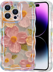 Colorful Retro Oil Painting Printed Case for iPhone 13, 14, 15 Pro & Pro Max, Flower Laser Glossy Pattern Cute Curly Wave Edge Exquisite Stylish Durable TPU Protective