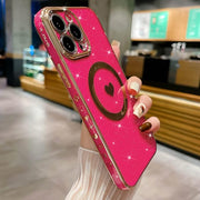 Magnetic Glitter Case-6.7 Inch, Compatible with iPhone 12, 13, 14 Pro MaxLuxury Love Heart Pattern Plating Case, Shockproof-Hot Pink