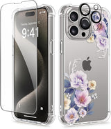 iPhone 15 Pro Max Case Floral,with Screen Protector & Camera Lens Protector, Hard PC + TPU Bumper Shockproof Protective Clear