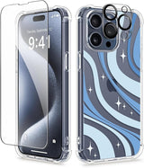 iPhone 15 Pro Max Case Floral,with Screen Protector & Camera Lens Protector, Hard PC + TPU Bumper Shockproof Protective Clear