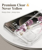 iPhone 15 Pro Max Case Floral,with Screen Protector & Camera Lens Protector, Hard PC + TPU Bumper Shockproof Protective Clear