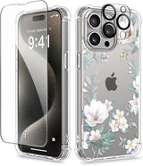 iPhone 15 Pro Max Case Floral,with Screen Protector & Camera Lens Protector, Hard PC + TPU Bumper Shockproof Protective Clear