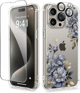 iPhone 15 Pro Max Case Floral,with Screen Protector & Camera Lens Protector, Hard PC + TPU Bumper Shockproof Protective Clear