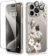 iPhone 15 Pro Max Case Floral,with Screen Protector & Camera Lens Protector, Hard PC + TPU Bumper Shockproof Protective Clear