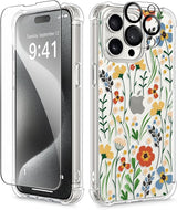 iPhone 15 Pro Max Case Floral,with Screen Protector & Camera Lens Protector, Hard PC + TPU Bumper Shockproof Protective Clear