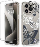 iPhone 15 Pro Max Case Floral,with Screen Protector & Camera Lens Protector, Hard PC + TPU Bumper Shockproof Protective Clear