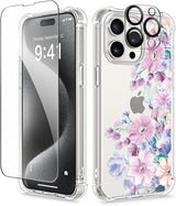 iPhone 15 Pro Max Case Floral,with Screen Protector & Camera Lens Protector, Hard PC + TPU Bumper Shockproof Protective Clear