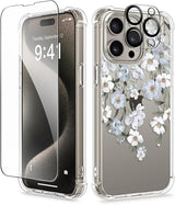 iPhone 15 Pro Max Case Floral,with Screen Protector & Camera Lens Protector, Hard PC + TPU Bumper Shockproof Protective Clear