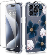 iPhone 15 Pro Max Case Floral,with Screen Protector & Camera Lens Protector, Hard PC + TPU Bumper Shockproof Protective Clear