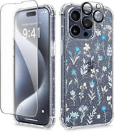 iPhone 15 Pro Max Case Floral,with Screen Protector & Camera Lens Protector, Hard PC + TPU Bumper Shockproof Protective Clear