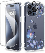 iPhone 15 Pro Max Case Floral,with Screen Protector & Camera Lens Protector, Hard PC + TPU Bumper Shockproof Protective Clear