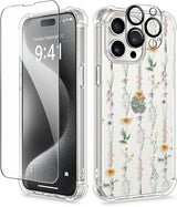 iPhone 15 Pro Max Case Floral,with Screen Protector & Camera Lens Protector, Hard PC + TPU Bumper Shockproof Protective Clear