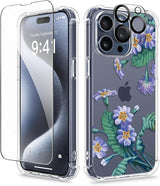 iPhone 15 Pro Max Case Floral,with Screen Protector & Camera Lens Protector, Hard PC + TPU Bumper Shockproof Protective Clear