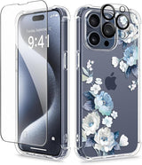 iPhone 15 Pro Max Case Floral,with Screen Protector & Camera Lens Protector, Hard PC + TPU Bumper Shockproof Protective Clear