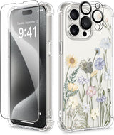 iPhone 15 Pro Max Case Floral,with Screen Protector & Camera Lens Protector, Hard PC + TPU Bumper Shockproof Protective Clear