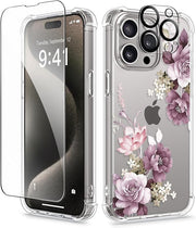 iPhone 15 Pro Max Case Floral,with Screen Protector & Camera Lens Protector, Hard PC + TPU Bumper Shockproof Protective Clear