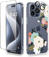 iPhone 15 Pro Max Case Floral,with Screen Protector & Camera Lens Protector, Hard PC + TPU Bumper Shockproof Protective Clear