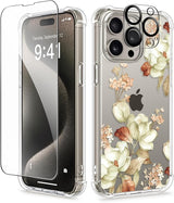 iPhone 15 Pro Max Case Floral,with Screen Protector & Camera Lens Protector, Hard PC + TPU Bumper Shockproof Protective Clear