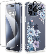 iPhone 15 Pro Max Case Floral,with Screen Protector & Camera Lens Protector, Hard PC + TPU Bumper Shockproof Protective Clear