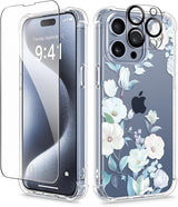 iPhone 15 Pro Max Case Floral,with Screen Protector & Camera Lens Protector, Hard PC + TPU Bumper Shockproof Protective Clear