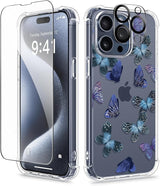 iPhone 15 Pro Max Case Floral,with Screen Protector & Camera Lens Protector, Hard PC + TPU Bumper Shockproof Protective Clear