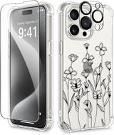 iPhone 15 Pro Max Case Floral,with Screen Protector & Camera Lens Protector, Hard PC + TPU Bumper Shockproof Protective Clear