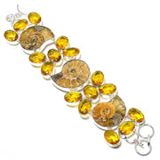 Natural Ammonite Fossil & Citrine Gemstone Silver Bracelet