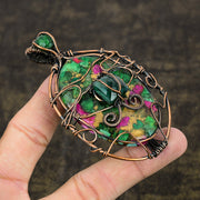 Ruby Zoisite, Emerald(Simulated) Lab-Created Copper Wire Wrap Pendant 3.62"