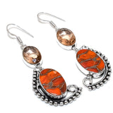 Earring Natural Orange Turquoise, Morganite 925 Sterling Silver 2.60"