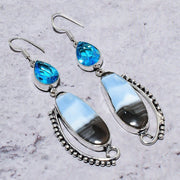 Earring Natural Owyhee Opal, Blue Topaz Gemstone 925 Sterling Silver 3.62"