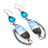 Earring Natural Owyhee Opal, Blue Topaz Gemstone 925 Sterling Silver 3.62"