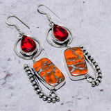 Earring Natural Orange Turquoise, Garnet Gemstone 925 Sterling Silver 2.84"