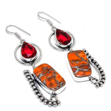 Earring Natural Orange Turquoise, Garnet Gemstone 925 Sterling Silver 2.84"