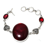 Bracelet Natural Red Labradorite, Garnet Gemstone 925 Sterling Silver 7-8"