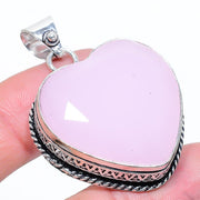 Natural Heart Shape Pink Chalcedony Pendant, Antique Pendant, Sterling Silver Pendants"