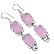 Earring Natural Pink Chalcedony Gemstone Handmade 925 Sterling Silver 2.56"