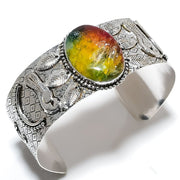 Bangle Natural Rainbow Solar Quartz Gemstone 925 Sterling Silver Cuff Adj.