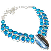 Necklace Natural Owyhee Opal,Topaz Handmade 925 Sterling Silver Jewelry