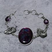 Bracelet Natural Pink Labradorite,Amethyst Stone 925 Sterling Silver7-8"