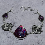 Bracelet Natural Pink Labradorite,Amethyst Stone 925 Sterling Silver 7-8"