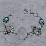 Bracelet Natural Rainbow Moonstone,Blue Topaz 925 Sterling Silver 7-8"