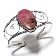 Bangle Natural Rhodonite Handmade 925 Sterling Silver Cuff Adjustable