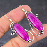 Earring Natural Pink Lace Agate Gemstone Handmade 925 Sterling Silver 2.17"