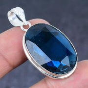 Antique London Blue Topaz Gemstone Pendant, Sterling Silver Pendant"