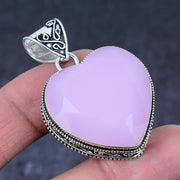 Natural Pink Chalcedony Gemstone Pendant, Heart Shape Pendant, Sterling Silver Pendant"